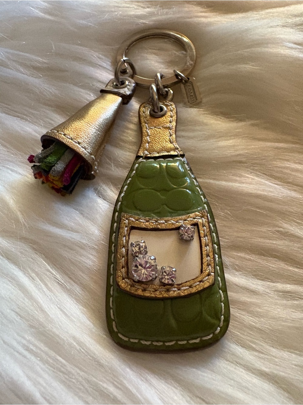 RARE VINTAGE COACH PAVE RHINESTONE & LEATHER CHAMPAGNE BOTTLE CHARM KEYCHAIN
